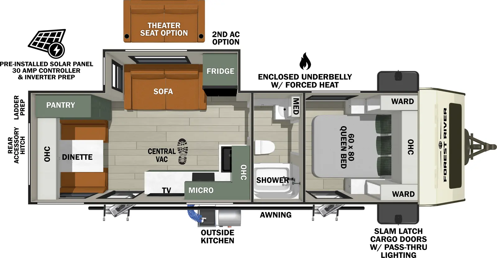 The No Boundaries NB20.7 floorplan has two entries and one slide out. Exterior features include: fiberglass exterior and 19' awning. Interiors features include: front bedroom and pass through bathroom.